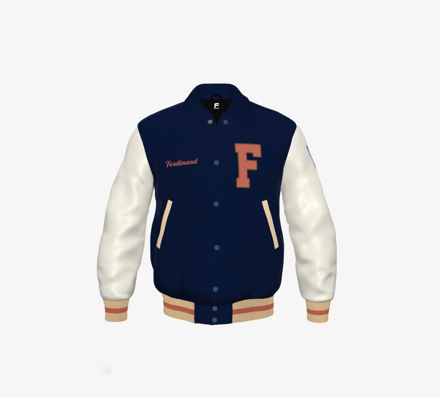 FEWR Varsity Jacket in Cream and Blue, Signature, Number