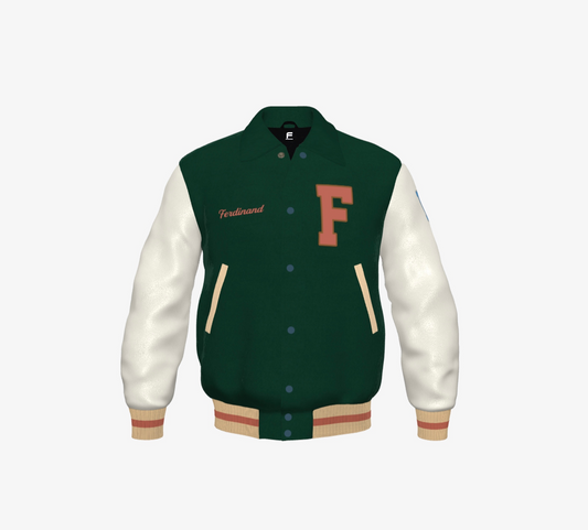 FEWR Varsity Jacket in Cream and Green, Signature, Number