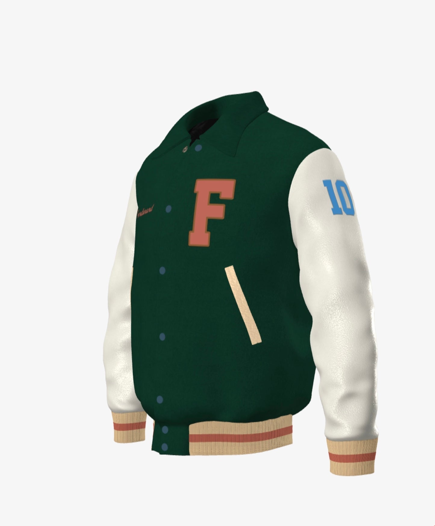 FEWR Varsity Jacket in Cream and Green, Signature, Number