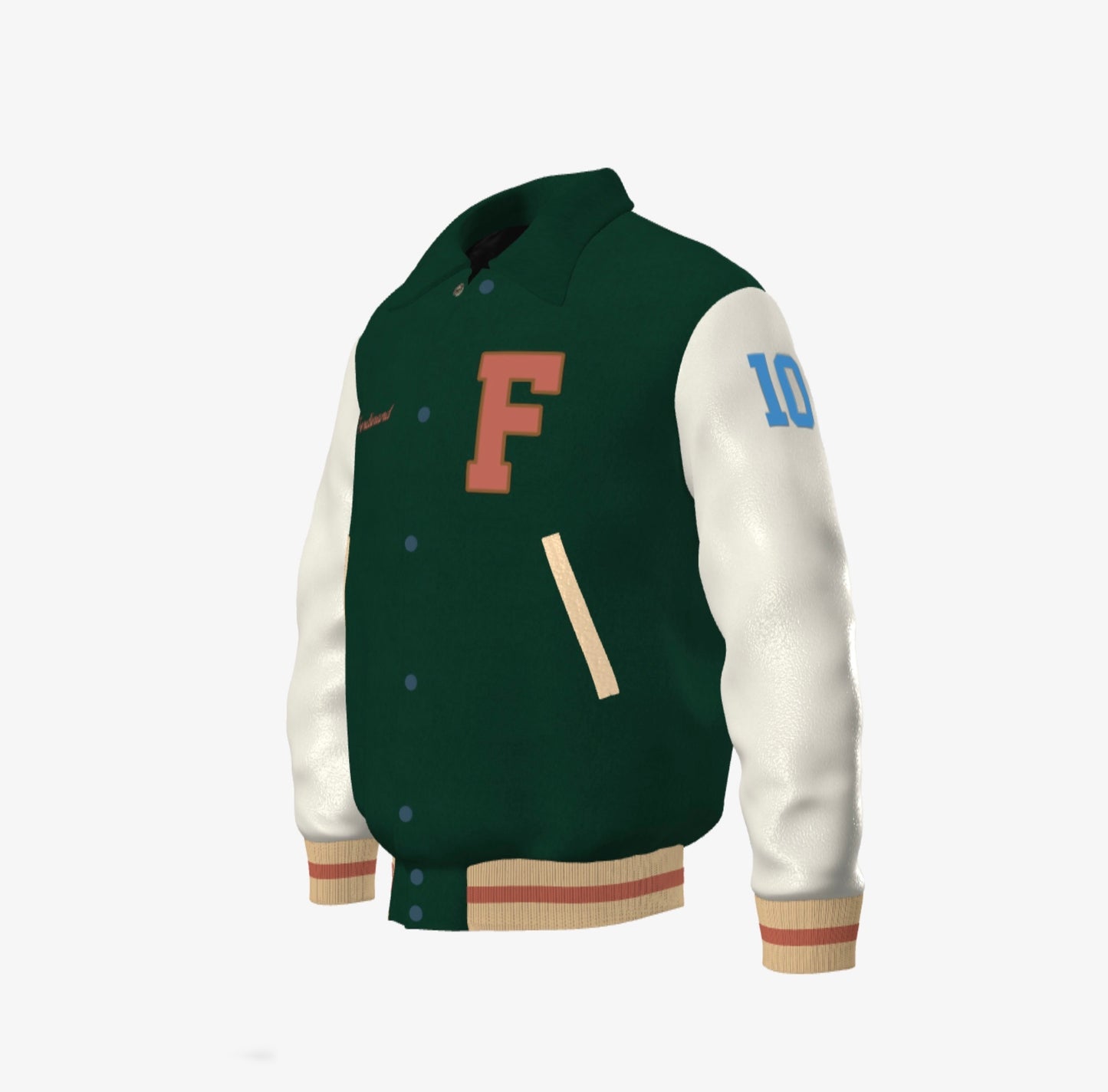 FEWR Varsity Jacket in Cream and Green, Signature, Number