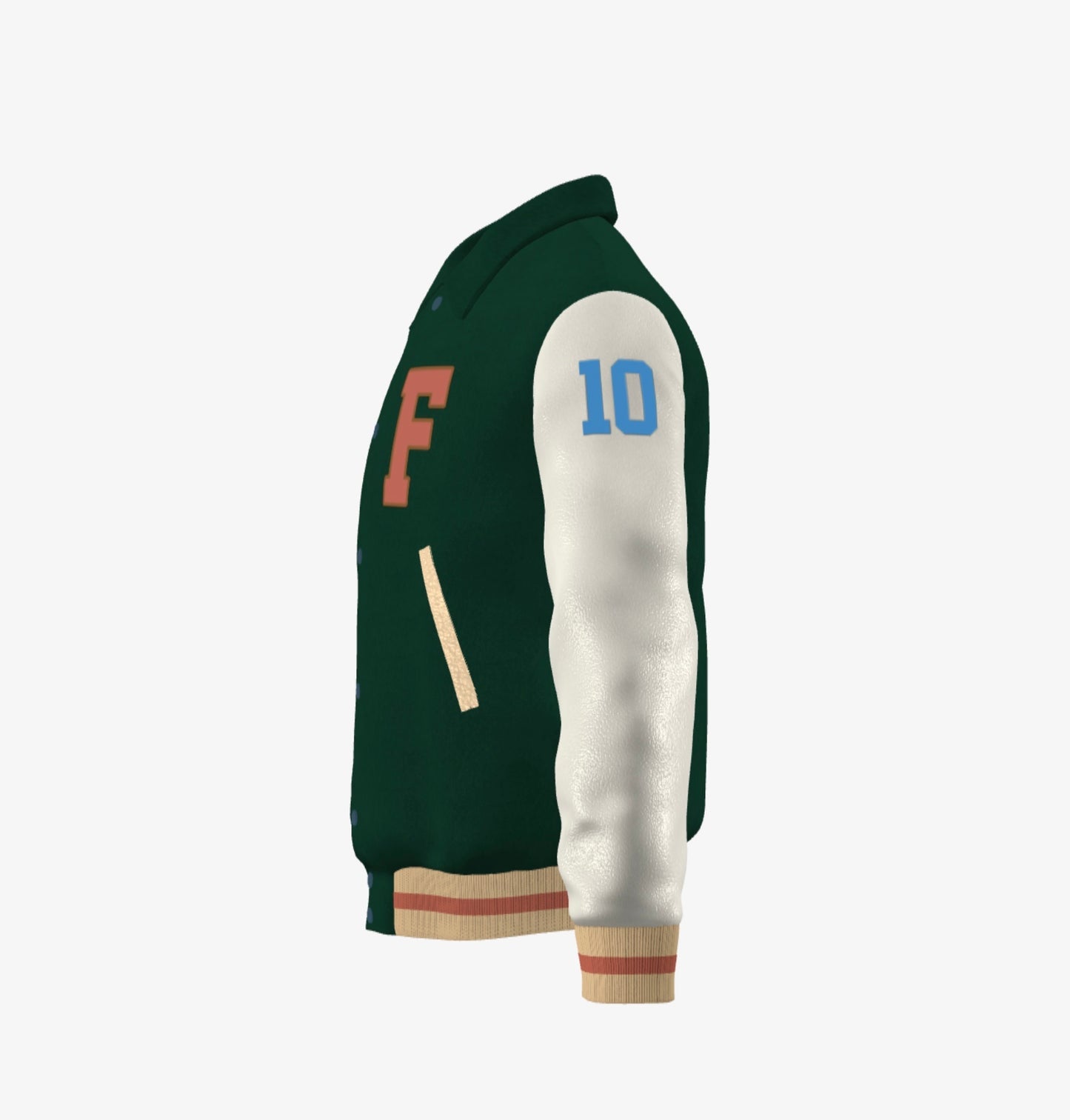 FEWR Varsity Jacket in Cream and Green, Signature, Number