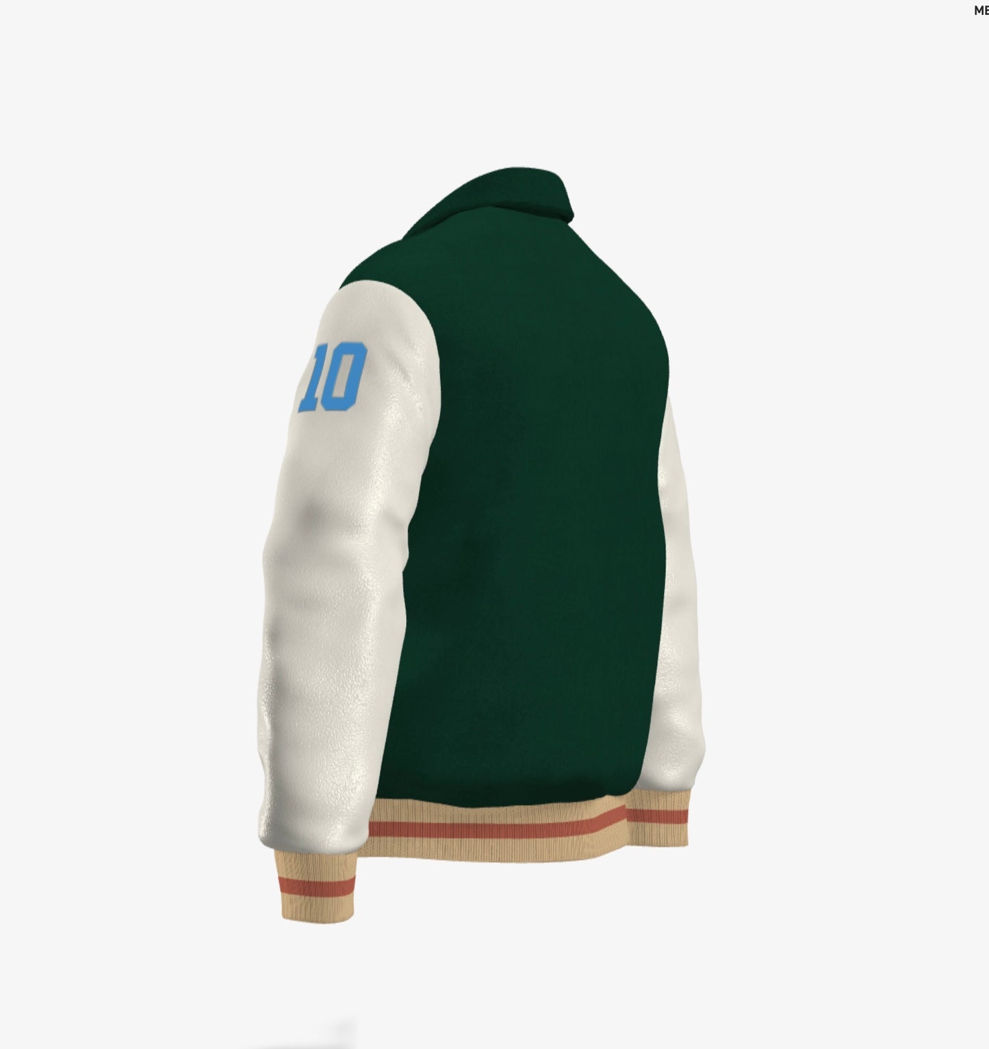 FEWR Varsity Jacket in Cream and Green, Signature, Number