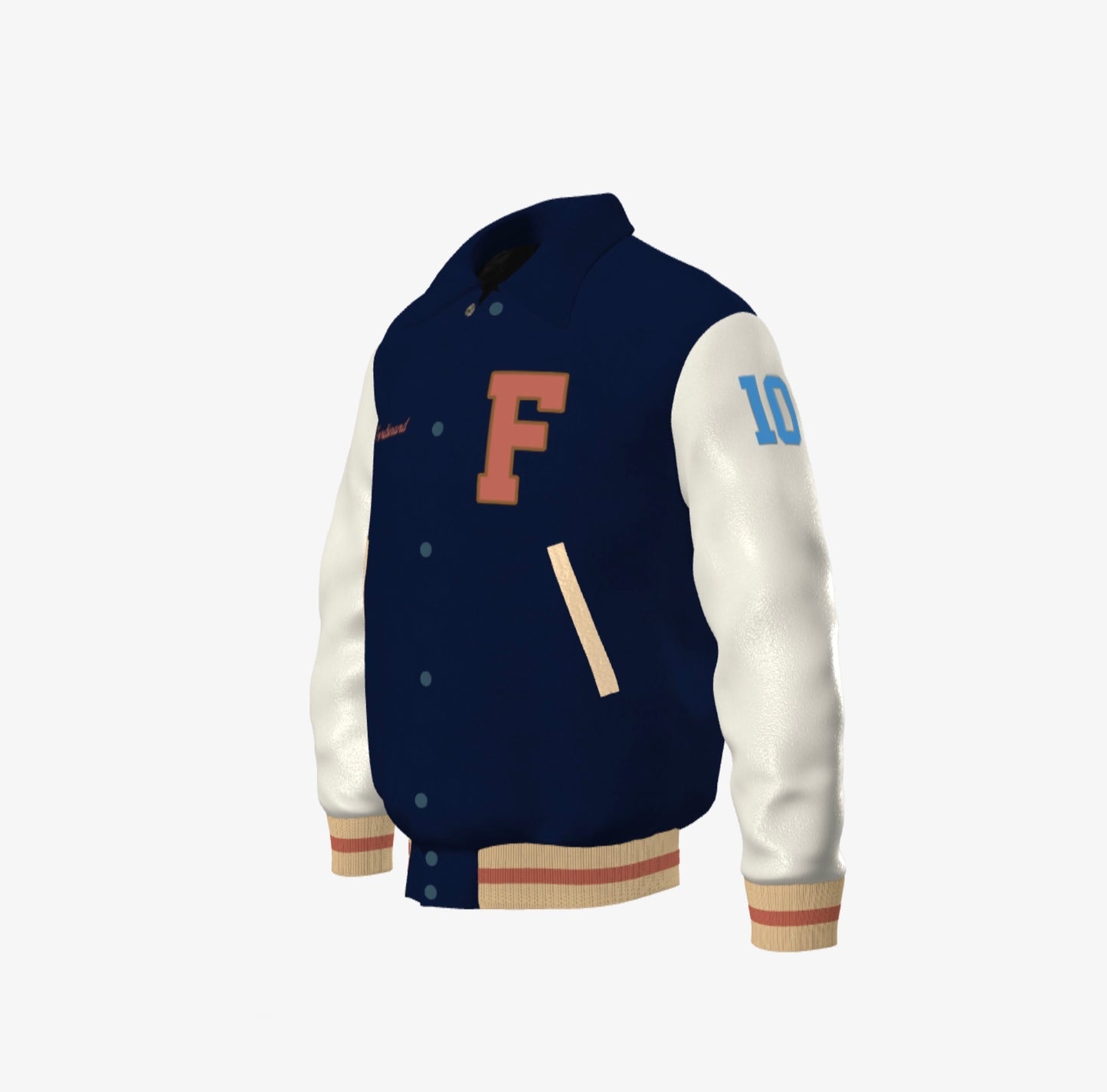 FEWR Varsity Jacket in Cream and Blue, Signature, Number