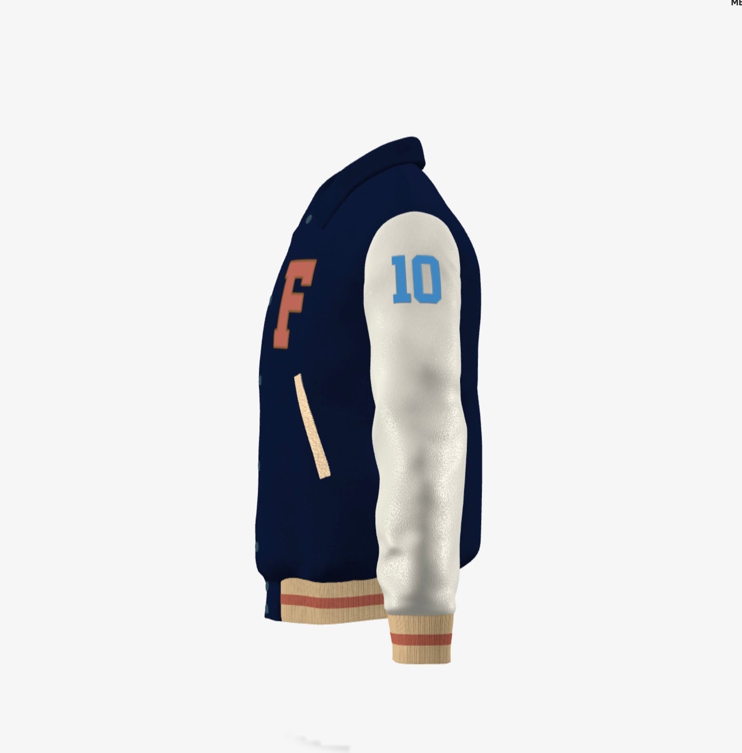 FEWR Varsity Jacket in Cream and Blue, Signature, Number