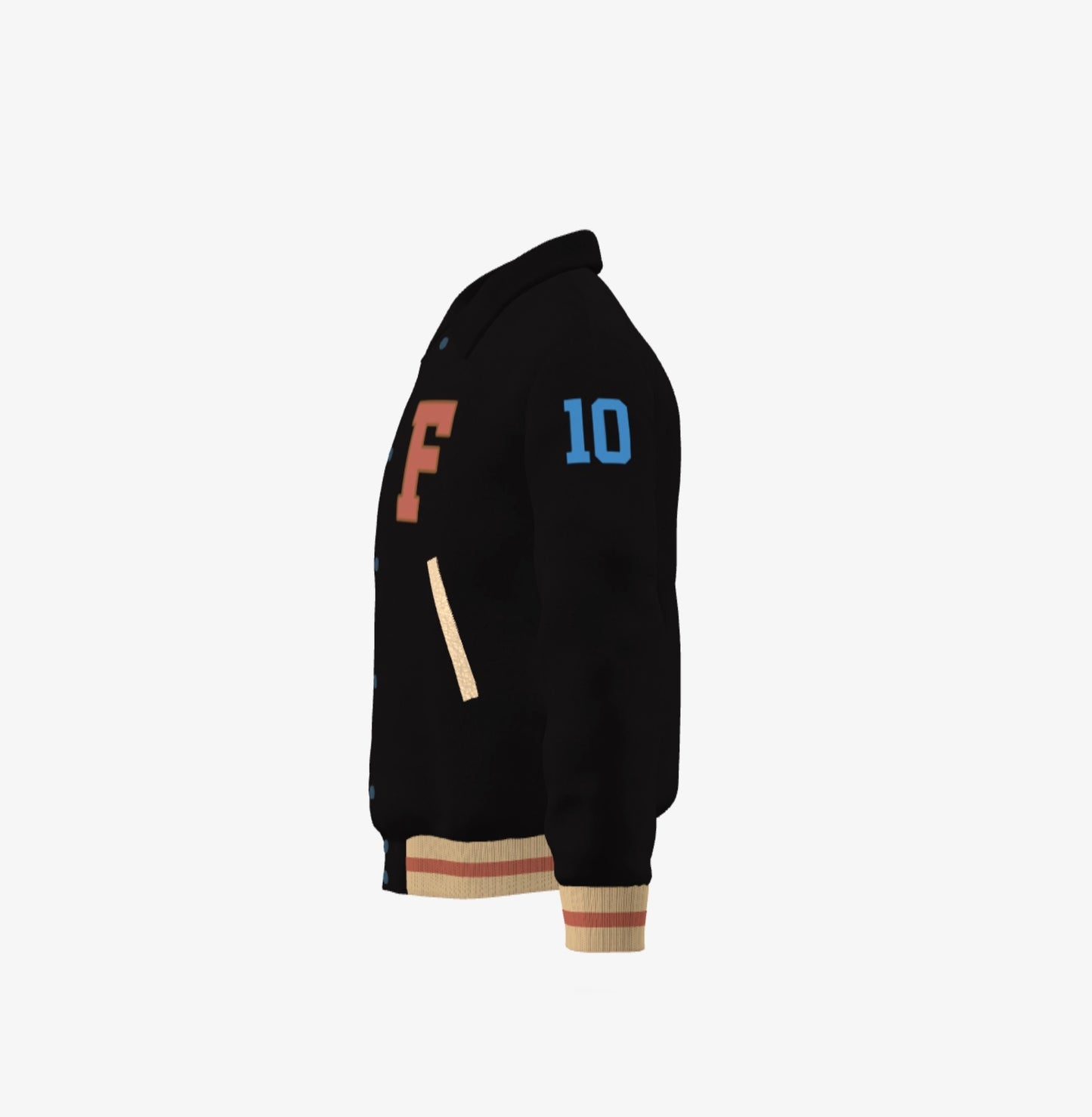 FEWR Varsity Jacket in Black on Black (Wool), Signature, Number
