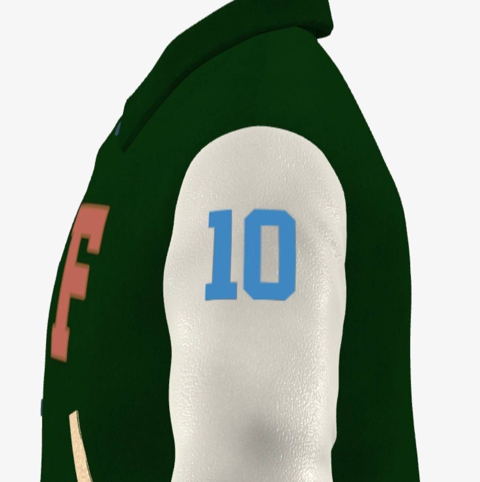 FEWR Varsity Jacket in Cream and Green, Signature, Number