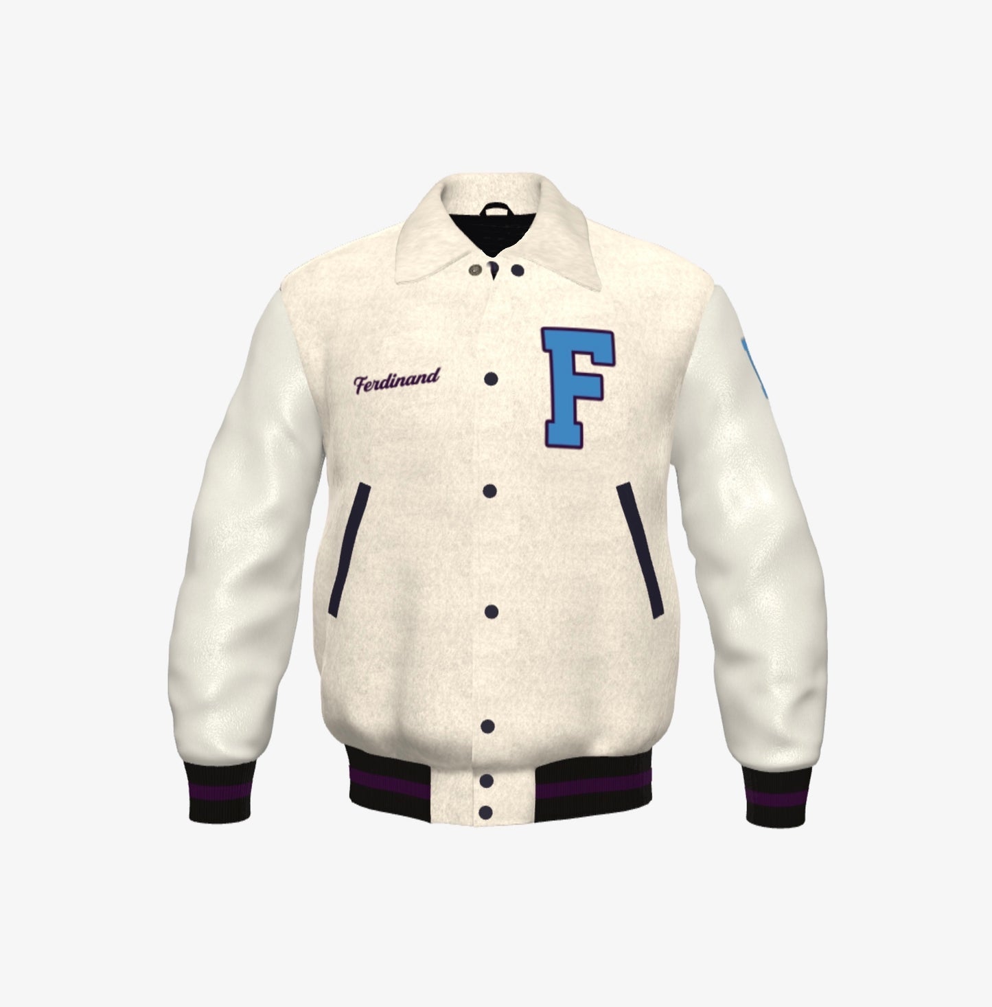 FEWR Varsity Jacket in White, Cream Blue and Purple - Snow Drift