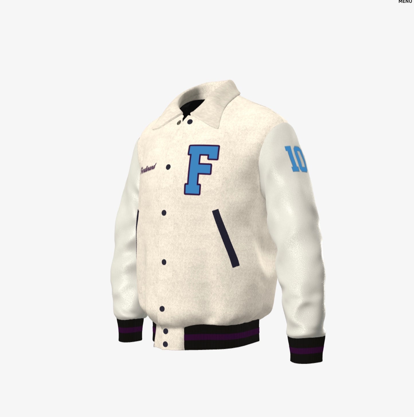 FEWR Varsity Jacket in White, Cream Blue and Purple - Snow Drift