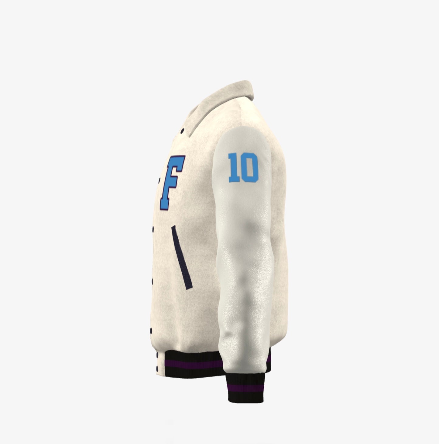 FEWR Varsity Jacket in White, Cream Blue and Purple - Snow Drift